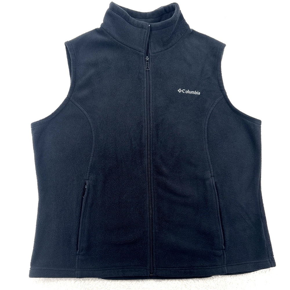 Columbia Womens Fleece Vest 2X Black Full Zip Mock Neck Outdoor Hiking